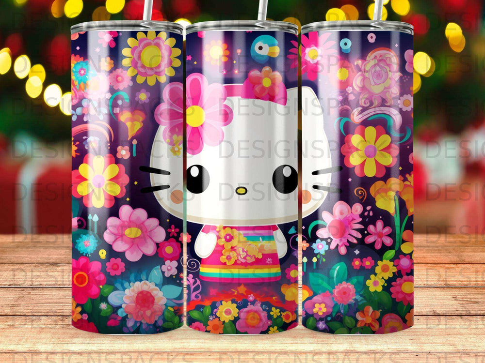 Hello Kitty in colorful floral pattern on a patterned tumbler.