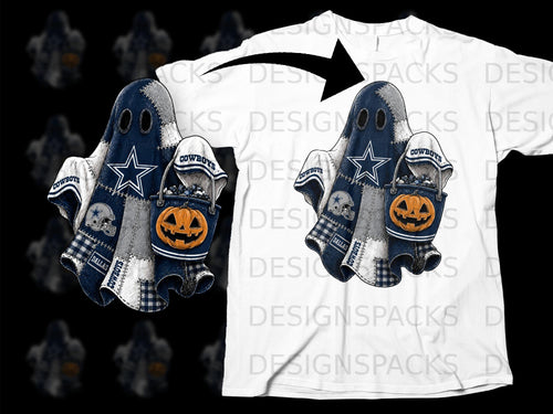 Dallas Cowboys ghost with pumpkin bucket on white t-shirt mockup.