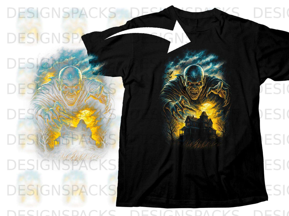 Black t-shirt featuring a menacing vampire and a haunted house design.