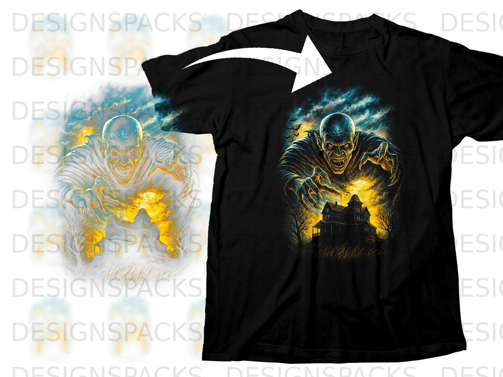 Black t-shirt featuring a menacing vampire and a haunted house design.