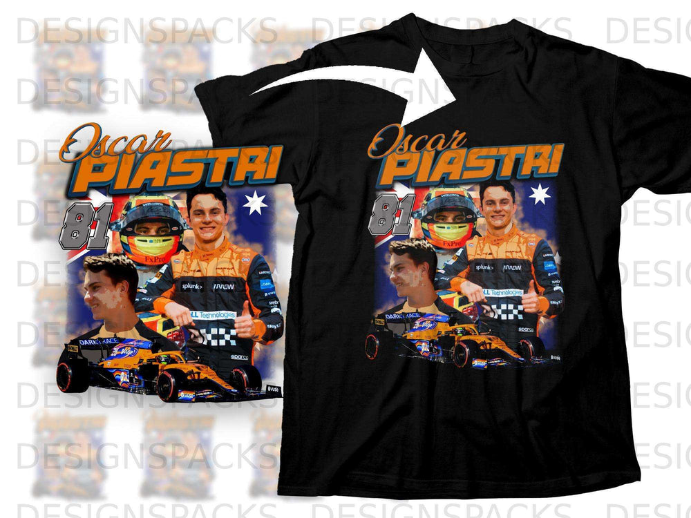 Black t-shirt featuring Oscar Piastri and an orange Formula 1 race car.