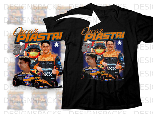 Black t-shirt featuring Oscar Piastri and an orange Formula 1 race car.