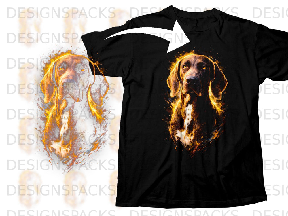 Black t-shirt with a fiery dog portrait design and a white arrow.