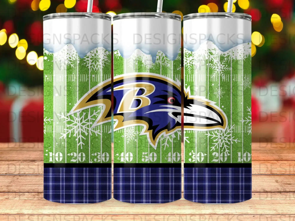 Baltimore Ravens logo on a tumbler with snowflake and plaid patterns.