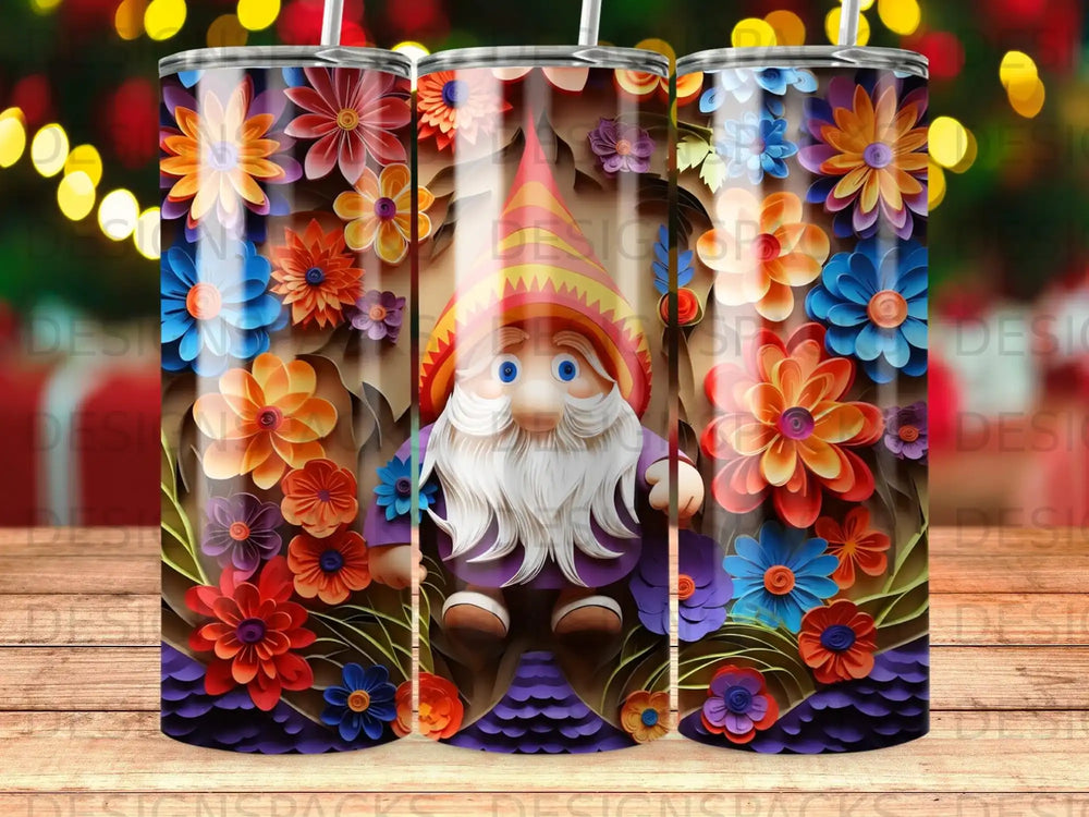 Gnome surrounded by colorful paper flowers on a tumbler.