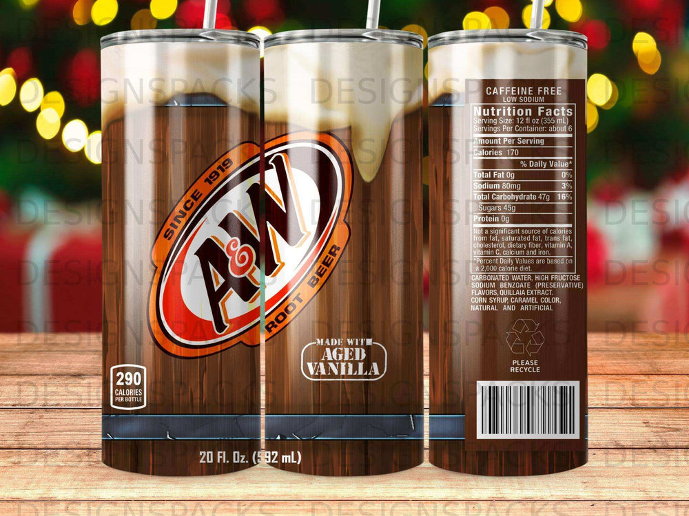 A&W Root Beer can with "Made with Aged Vanilla" and nutritional information.
