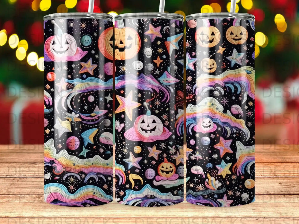 Black tumbler with colorful Halloween illustrations of pumpkins, stars, and waves.