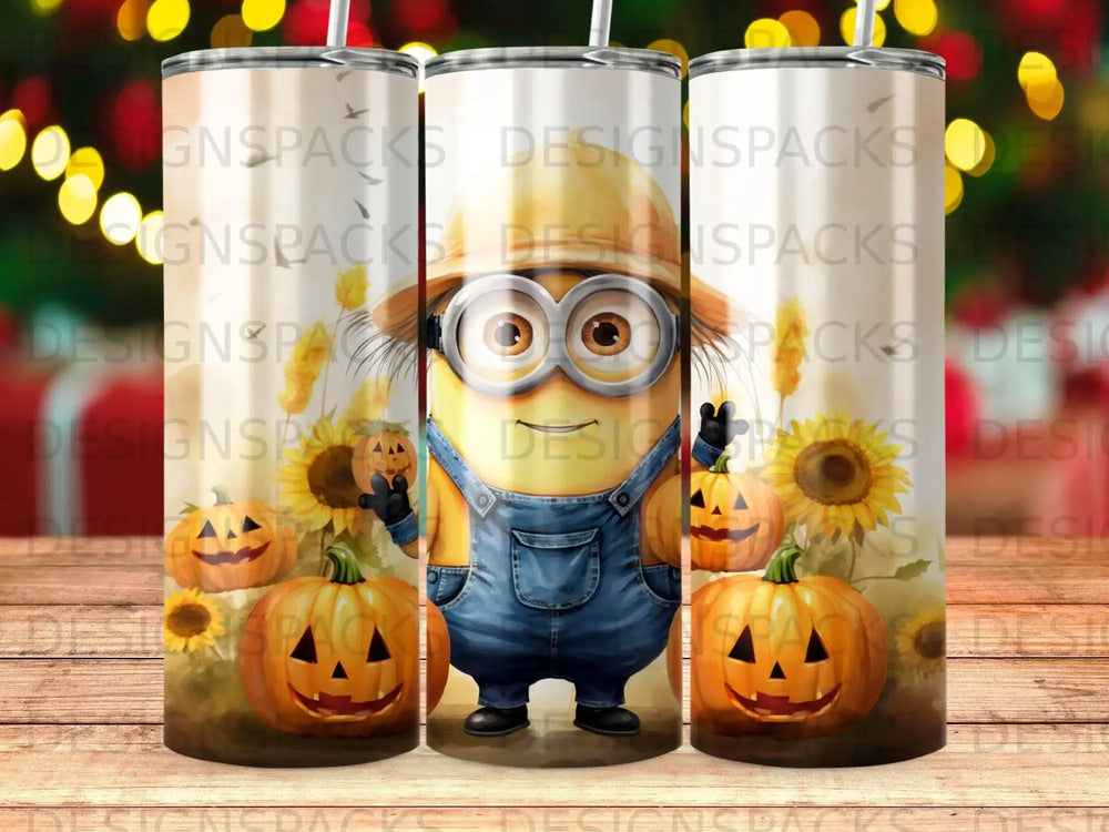 Minion character in overalls holding a pumpkin with sunflowers and jack-o'-lanterns.