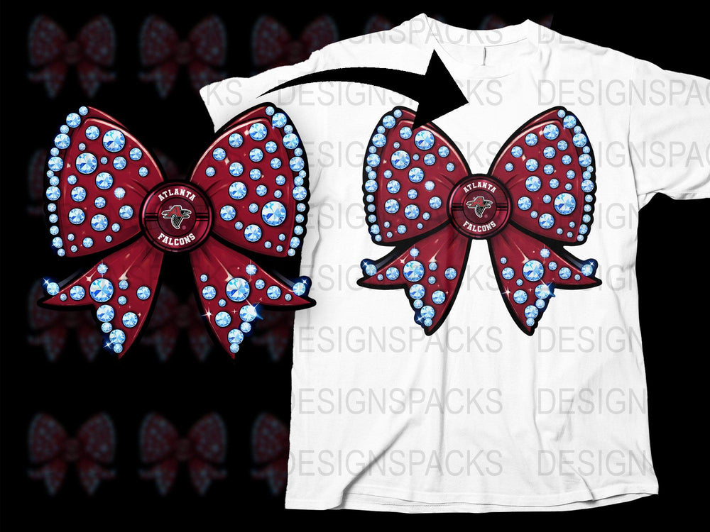 Atlanta Falcons Rhinestone Bow Cheer Design T-Shirt, Red and Blue Sparkly Football Team Apparel
