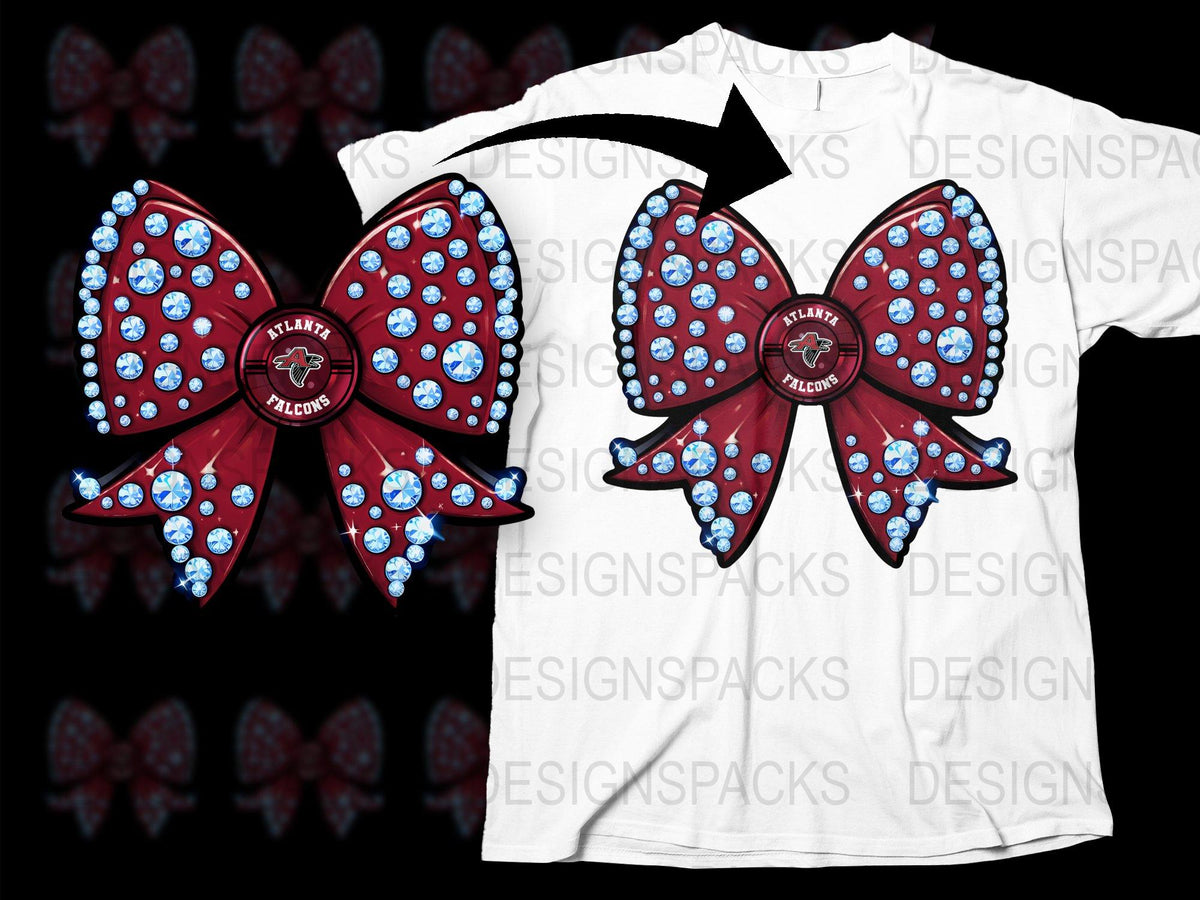 Atlanta Falcons Rhinestone Bow Cheer Design T-Shirt, Red and Blue Sparkly Football Team Apparel