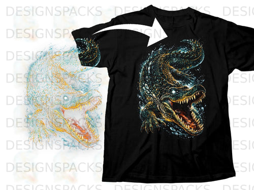 Black t-shirt with a dark, detailed alligator graphic and a white arrow pointing to it.