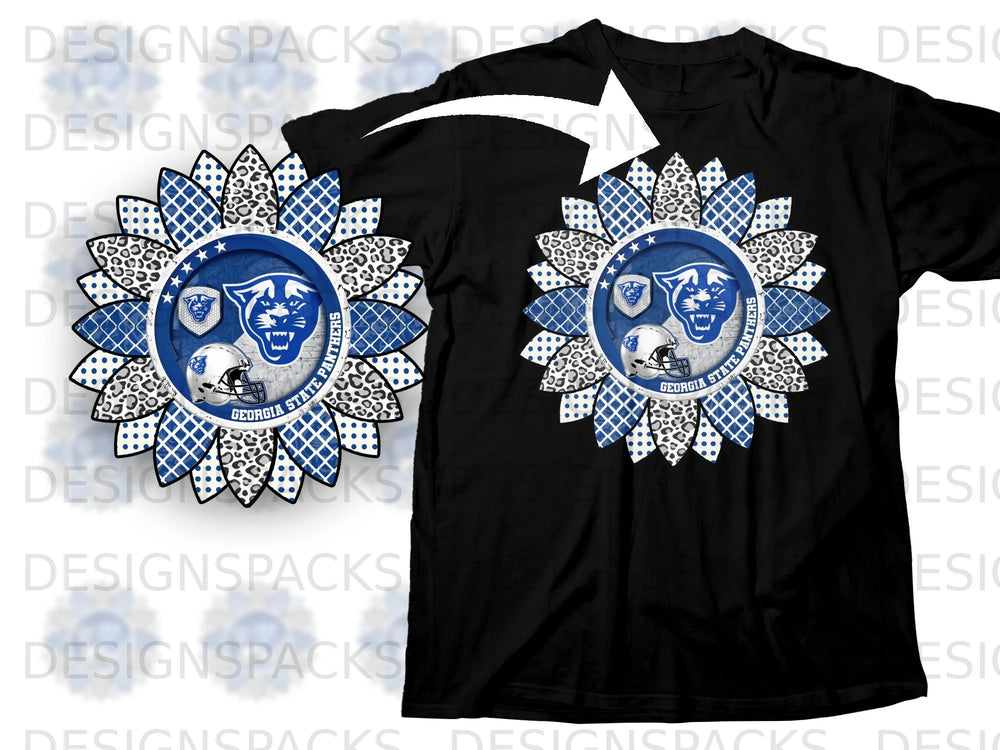 Georgia State Panthers sunflower design with panther logo and helmet on black shirt.