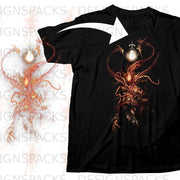 Black t-shirt with a graphic of a monstrous, tentacled creature under a lit bulb.
