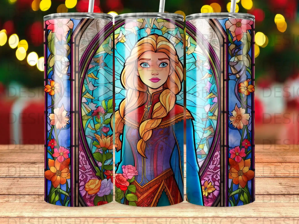 Stained glass portrait of Elsa from Frozen with floral border.
