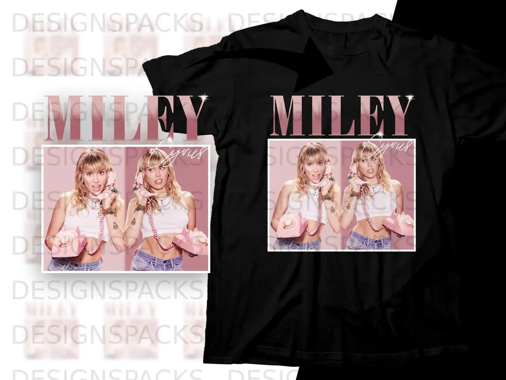 Miley Cyrus holding a pink rotary phone, black t-shirt.