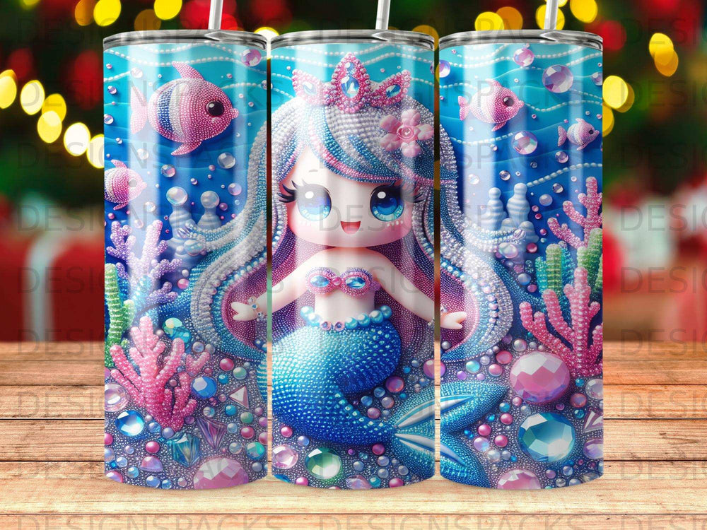 Cartoon mermaid with crown and jewels, surrounded by coral and bubbles.