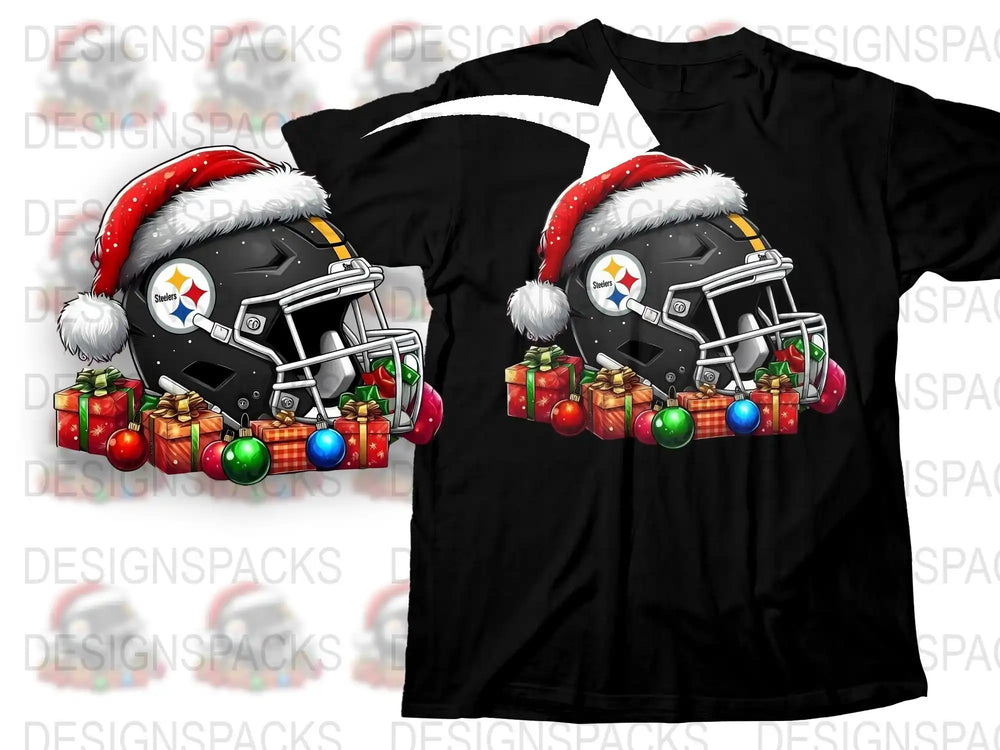 Holiday Football T-Shirt, Festive Sports Tee with Helmet and Ornaments, Christmas Gift for Fans