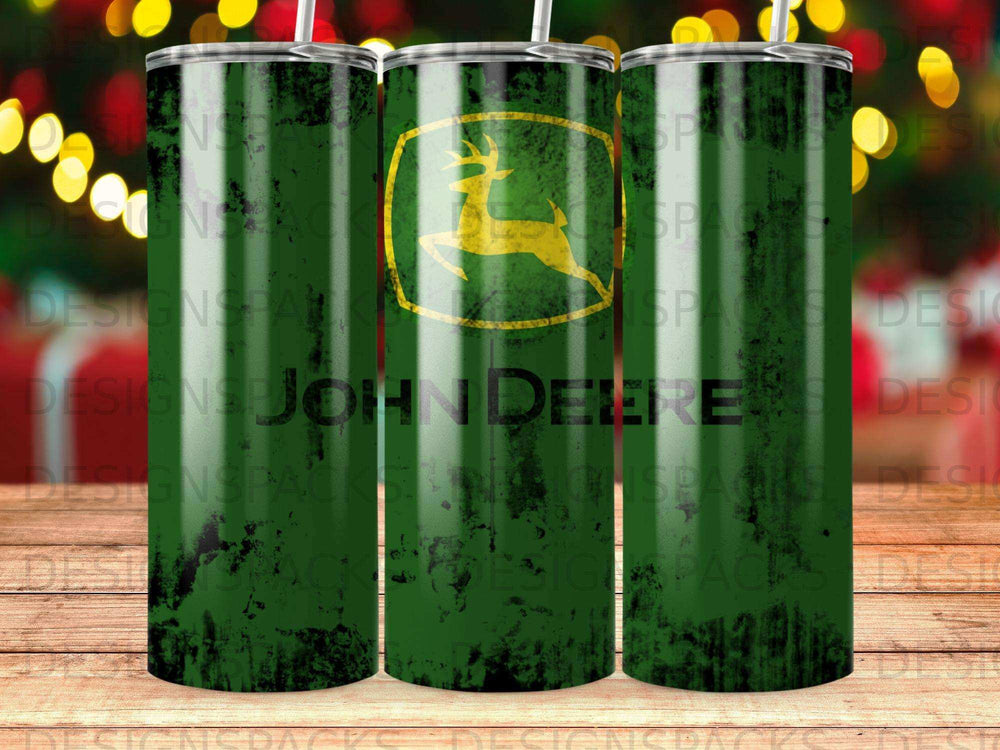 John Deere logo on a distressed green textured tumbler with a straw.