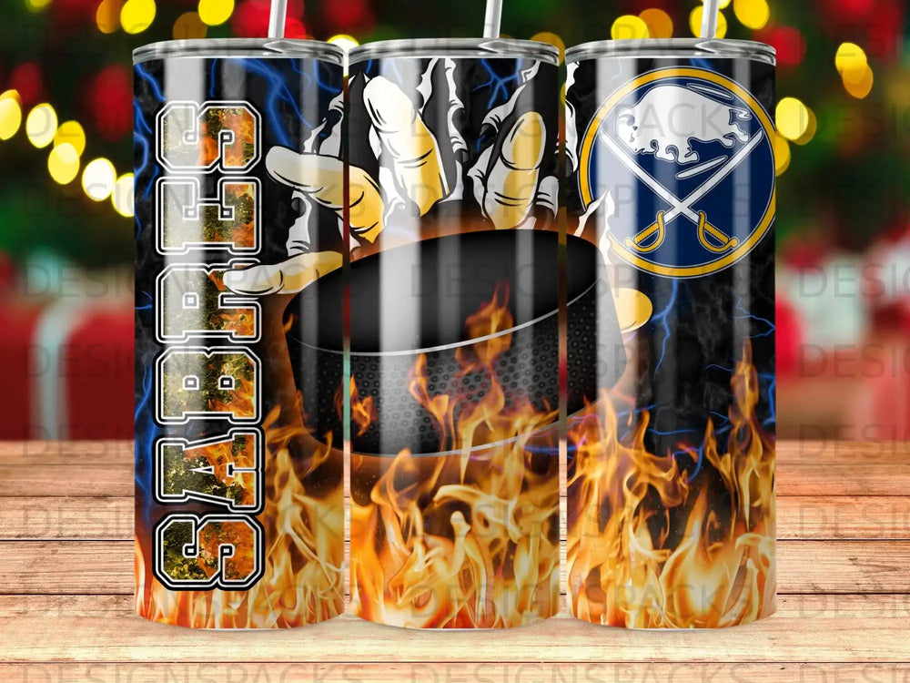 Buffalo Sabres hockey puck with flames and team logo.