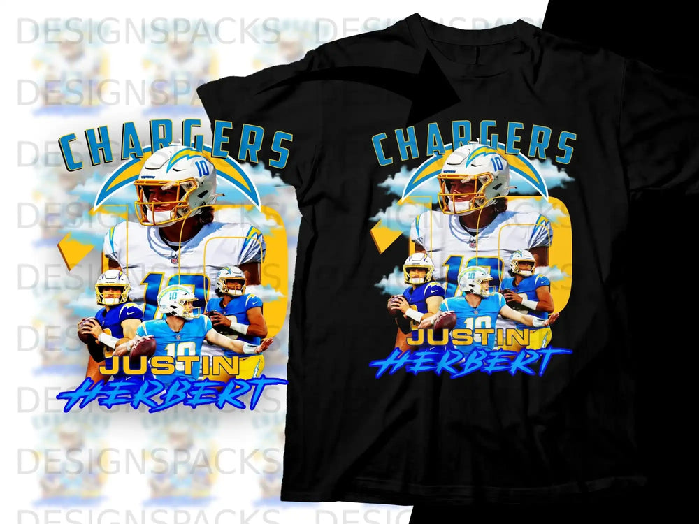 Los Angeles Chargers quarterback Justin Herbert on a black t-shirt design.