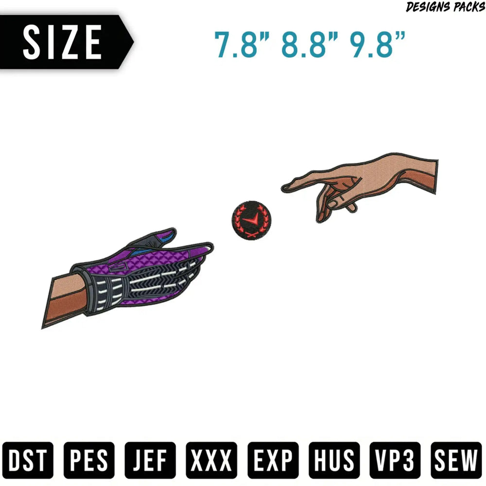 Embroidery design of a robotic hand reaching for a circle emblem.