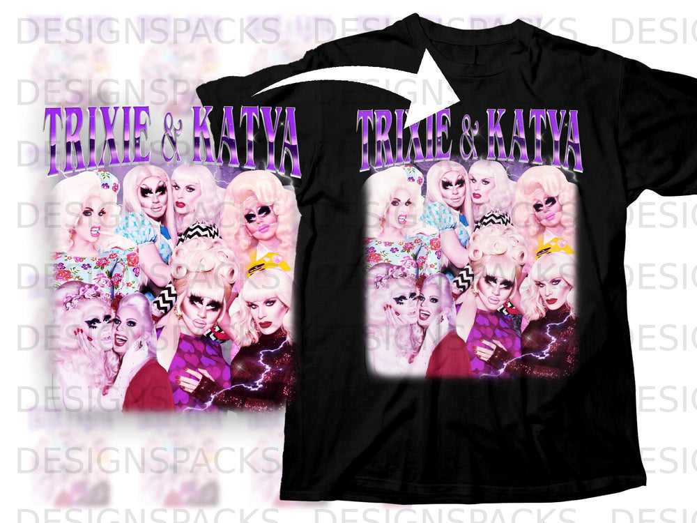 Black t-shirt featuring drag queens Trixie and Katya with purple text.