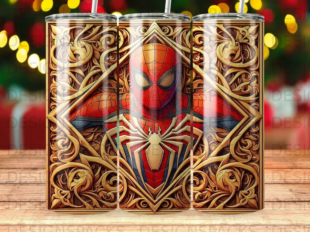 Spiderman's mask within a golden, ornate, geometric frame.