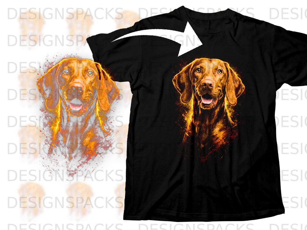 Black t-shirt with a fiery Vizsla dog graphic on the chest.