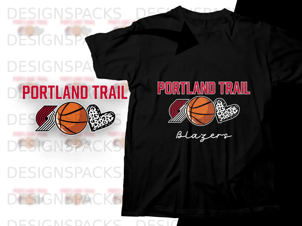 Portland Trail Blazers logo with basketball and heart on black t-shirt.