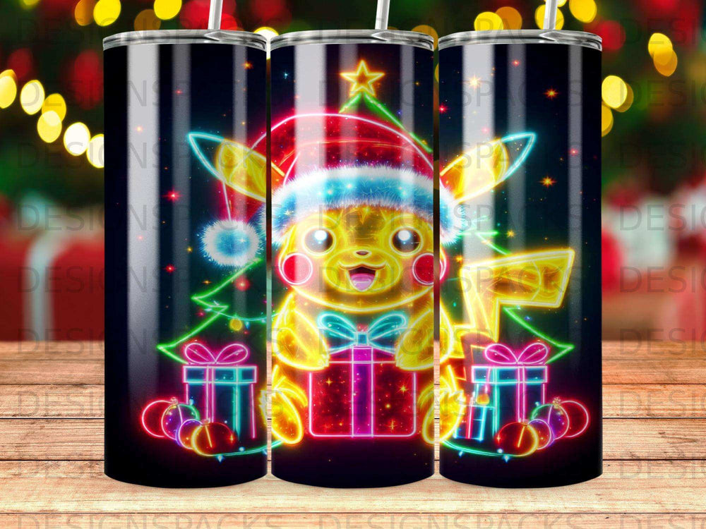 Pikachu in a Santa hat holding a gift, with Christmas tree and presents.