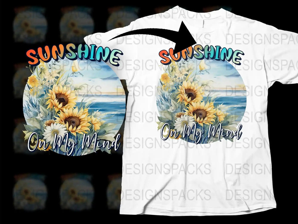 Sunshine On My Mind T-Shirt, Beach Scene Floral Graphic Tee, White Summer Top with Sunflowers