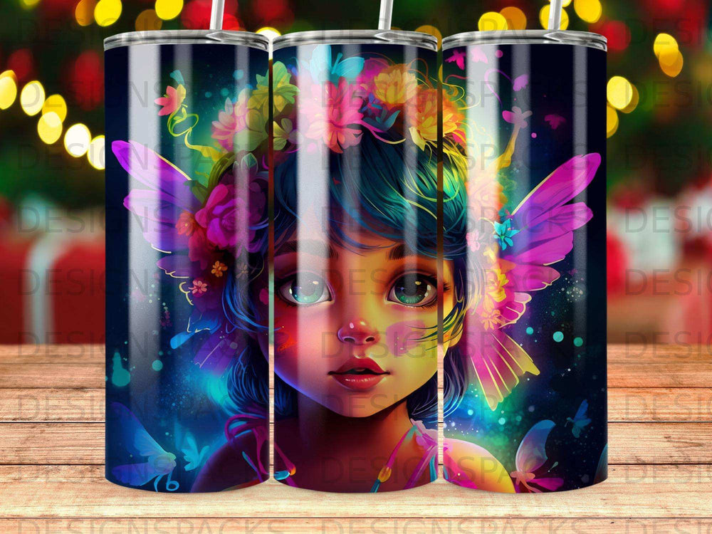 Fantasy girl with butterfly wings and floral crown, surrounded by glowing lights.