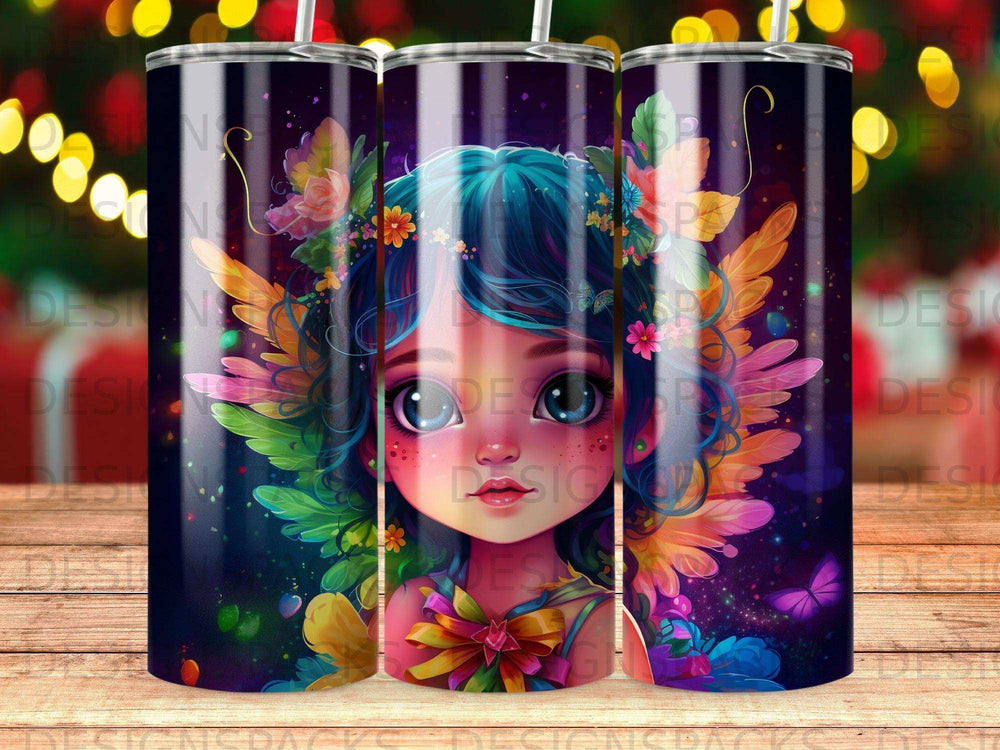 Fairy girl with blue hair and colorful wings on a dark, starry background.