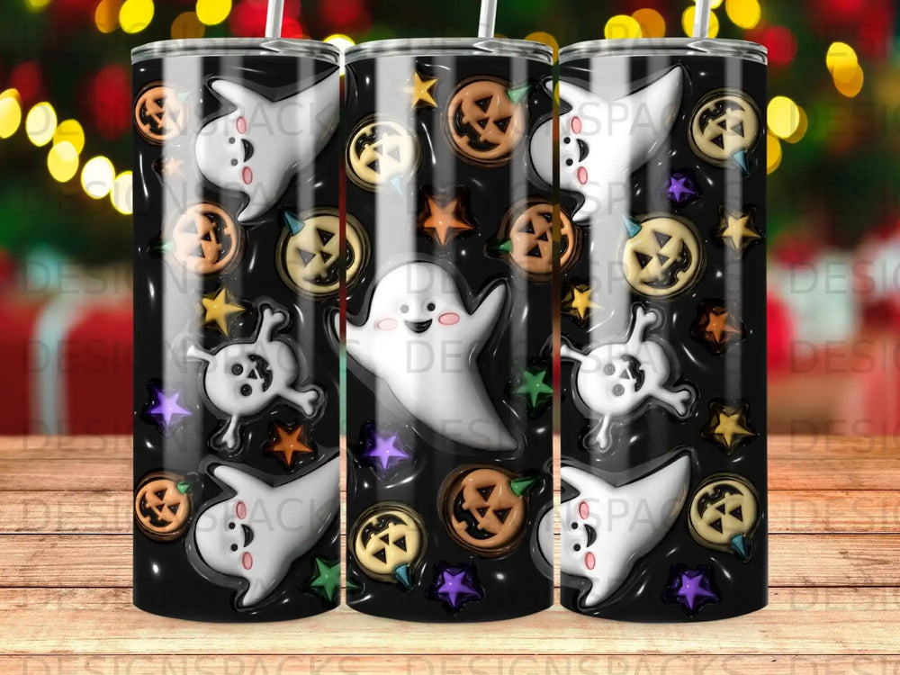 Halloween tumbler with ghosts, pumpkins, and stars pattern.