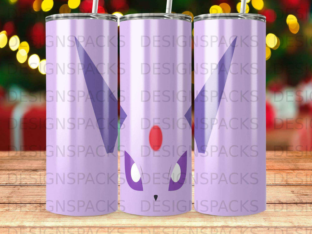 Purple character with pointed ears and red eye, repeated across three tumblers.