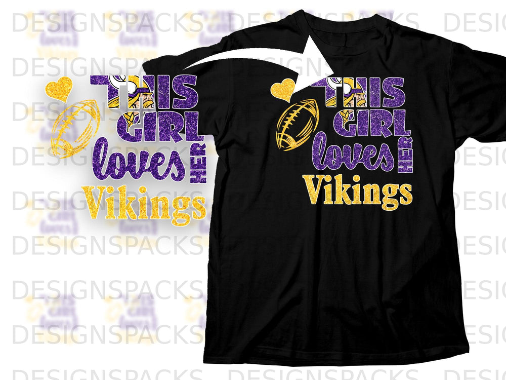 Black t-shirt with "This girl loves Vikings" text and football graphic.