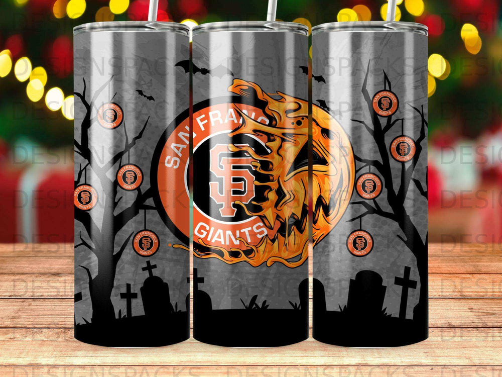 San Francisco Giants Halloween tumbler with spooky trees and gravestones.