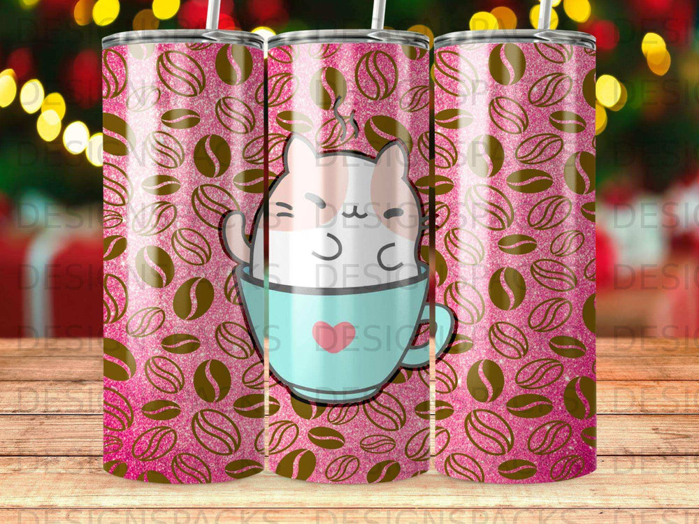 Pink glitter tumbler with coffee bean pattern and cartoon cat in a mug.