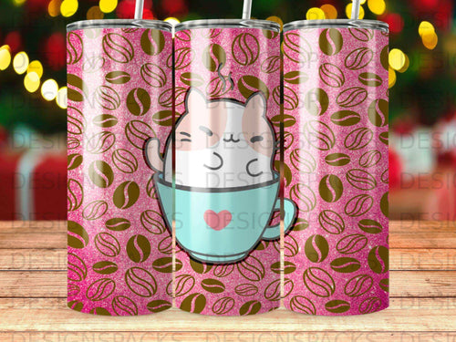 Pink glitter tumbler with coffee bean pattern and cartoon cat in a mug.