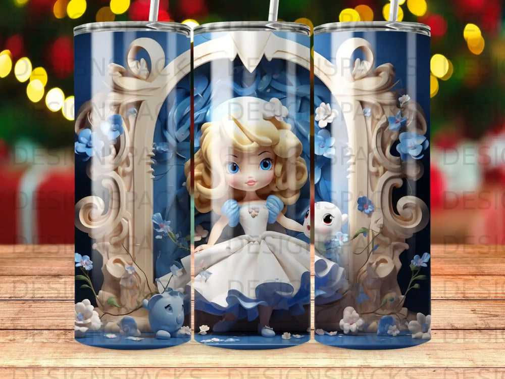Alice in Wonderland with blue dress, white apron, and white rabbit.