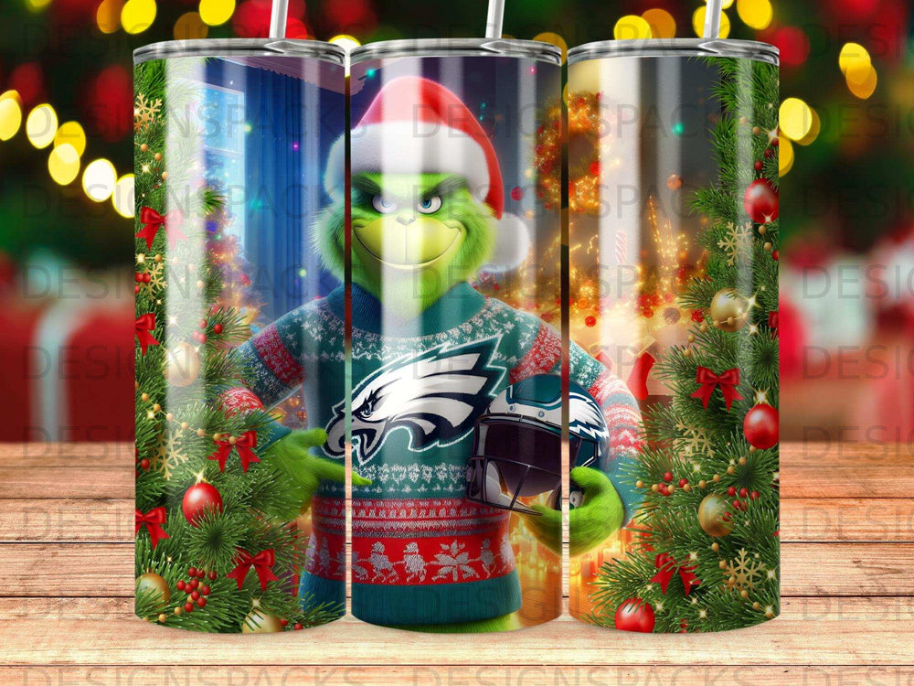 Grinch wearing an Eagles sweater holding a football helmet, with Christmas decorations.