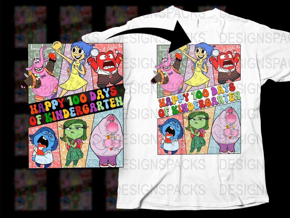 Happy 100 Days of Kindergarten T-Shirt, Colorful Cartoon Characters, Kids Celebration Tee, Fun School Event Shirt