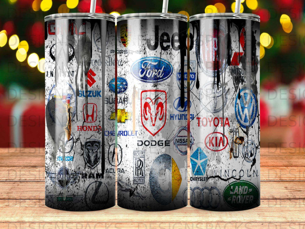 Collage of car logos on a patterned tumbler with straws.