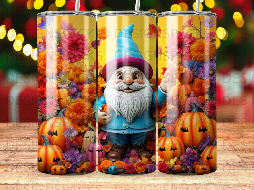 Gnome in blue hat with pumpkins, flowers, and autumn leaves.
