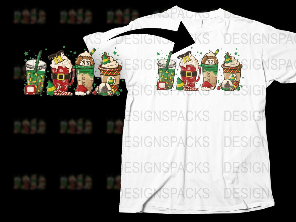 Festive Holiday T-Shirt with Christmas Coffee Cups Design, Unisex Winter Apparel