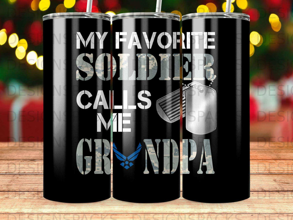 Black tumbler with "My Favorite Soldier Calls Me Grandpa" text and Air Force logo.