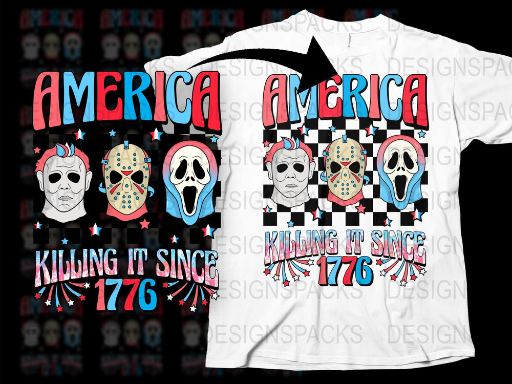 America Killing It Since 1776 T-Shirt, Horror Mask Graphic Tee, Patriotic Skull Design, Unisex Casual Wear