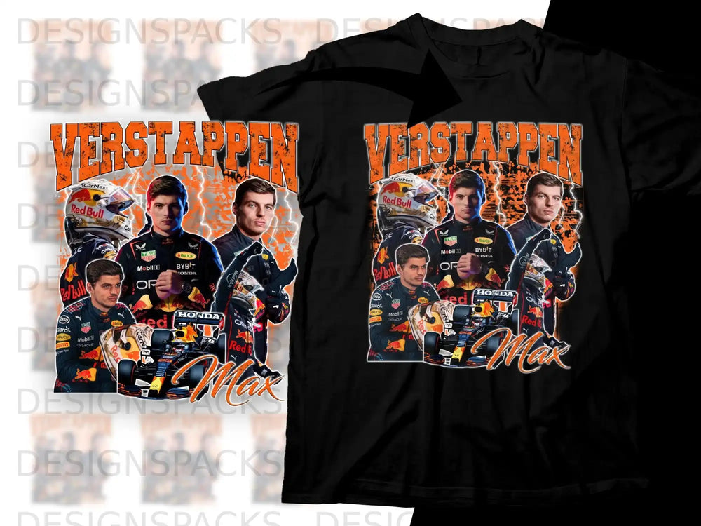 Red Bull Racing drivers Max Verstappen and Sergio Pérez on a graphic t-shirt.
