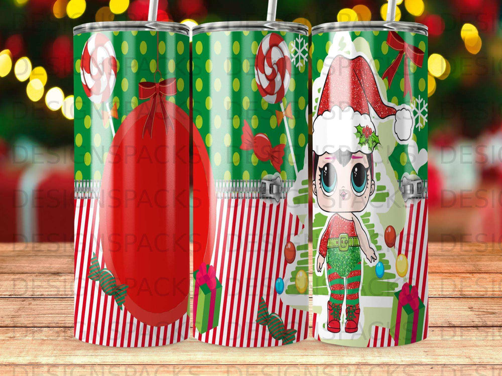 Christmas tumbler with a doll, presents, and candy canes on a green polka dot background.