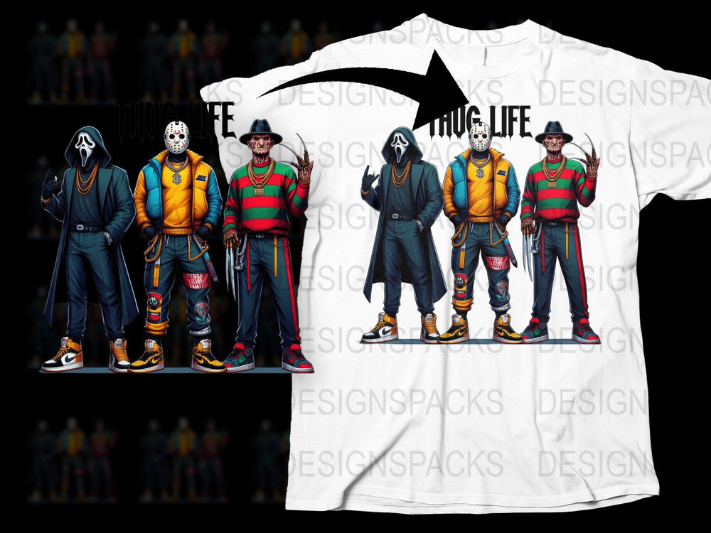 Thug Life Cartoon Characters T-Shirt, Hip Hop Urban Streetwear Tee, Men's Fashion Graphic Shirt